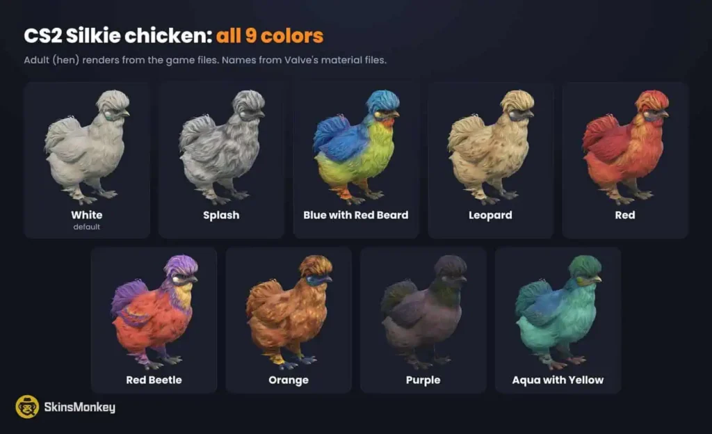 All 9 CS2 Silkie chicken colors rendered from the game files