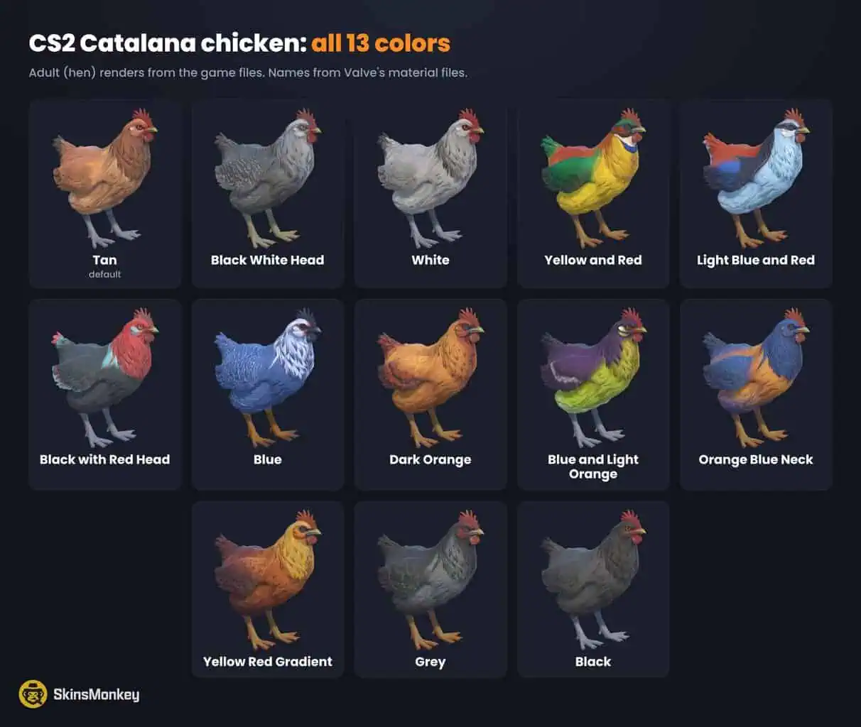 All 13 CS2 Catalana chicken colors rendered from the game files