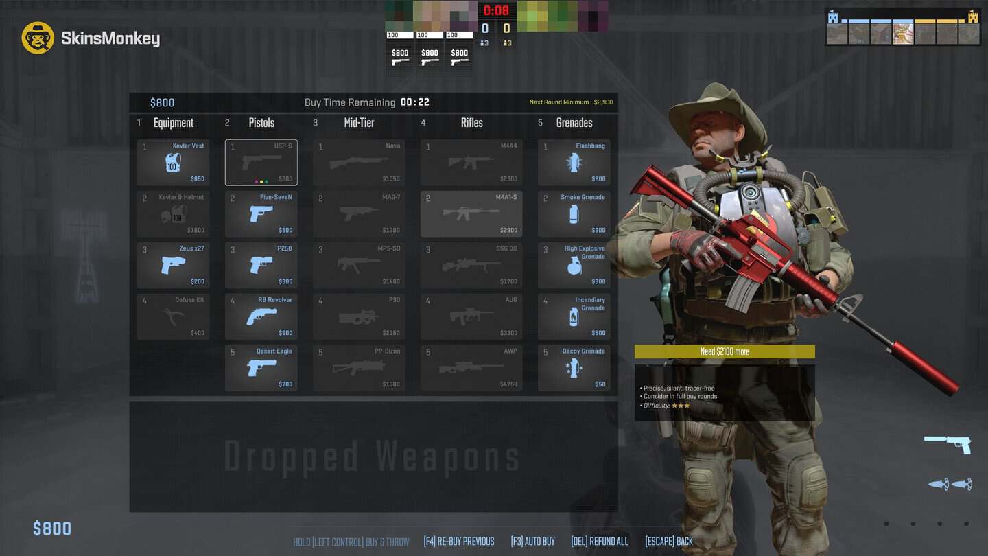 CS2 buy menu on the CT side with the agent wearing the player's equipped gloves