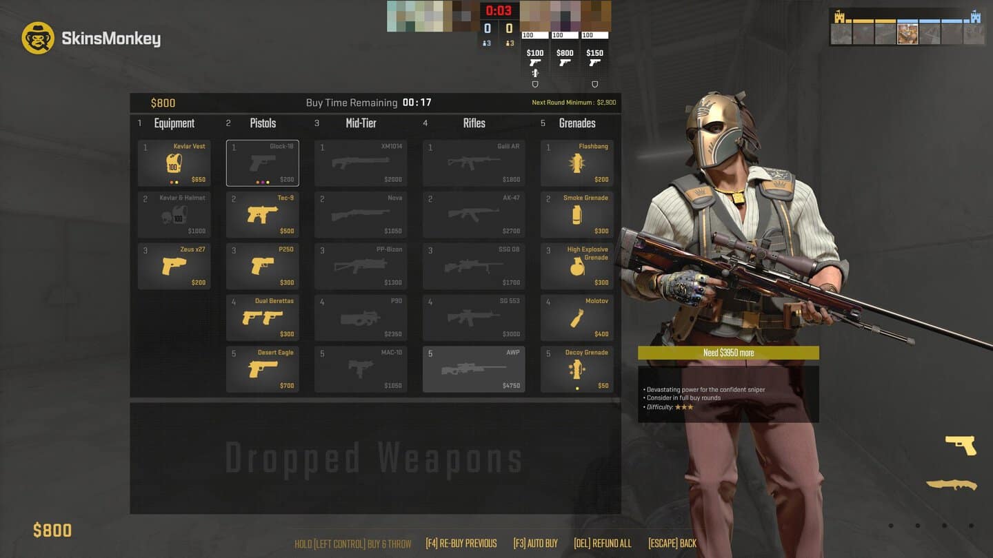 CS2 buy menu on the T side with the agent wearing the player's equipped gloves
