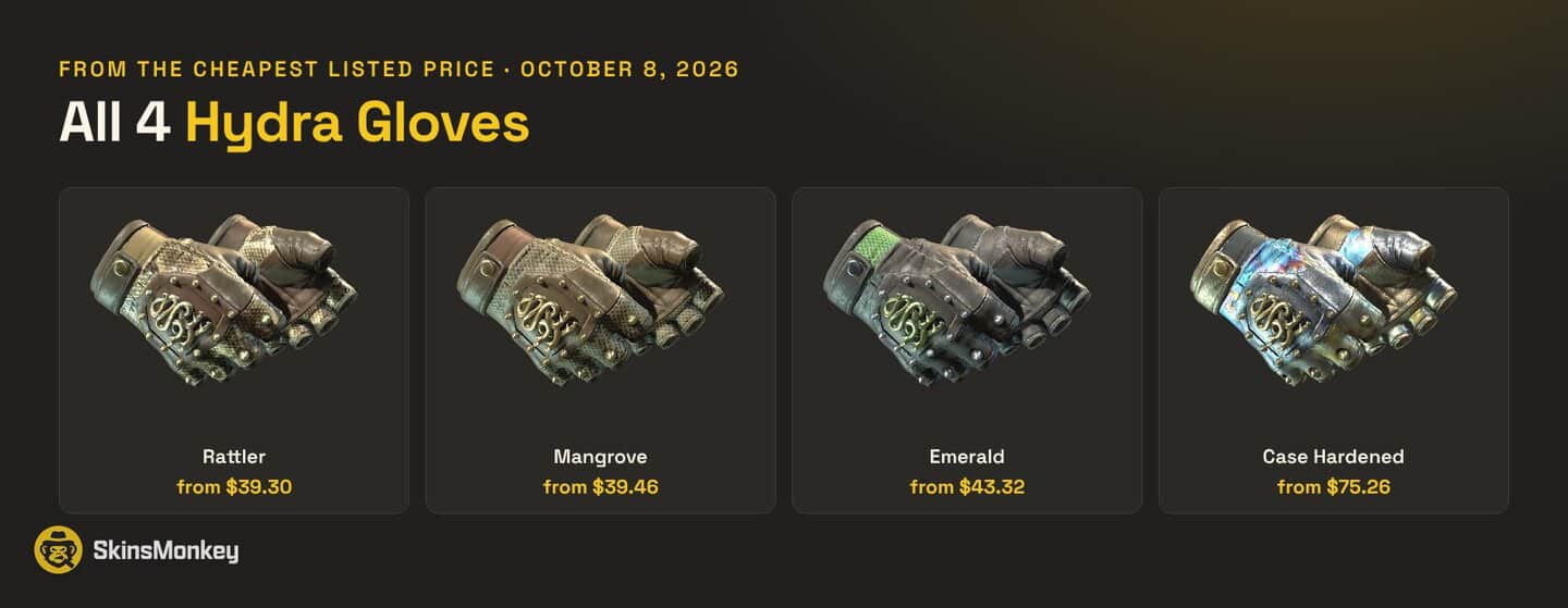 All 4 Hydra Gloves finishes in CS2 with starting prices