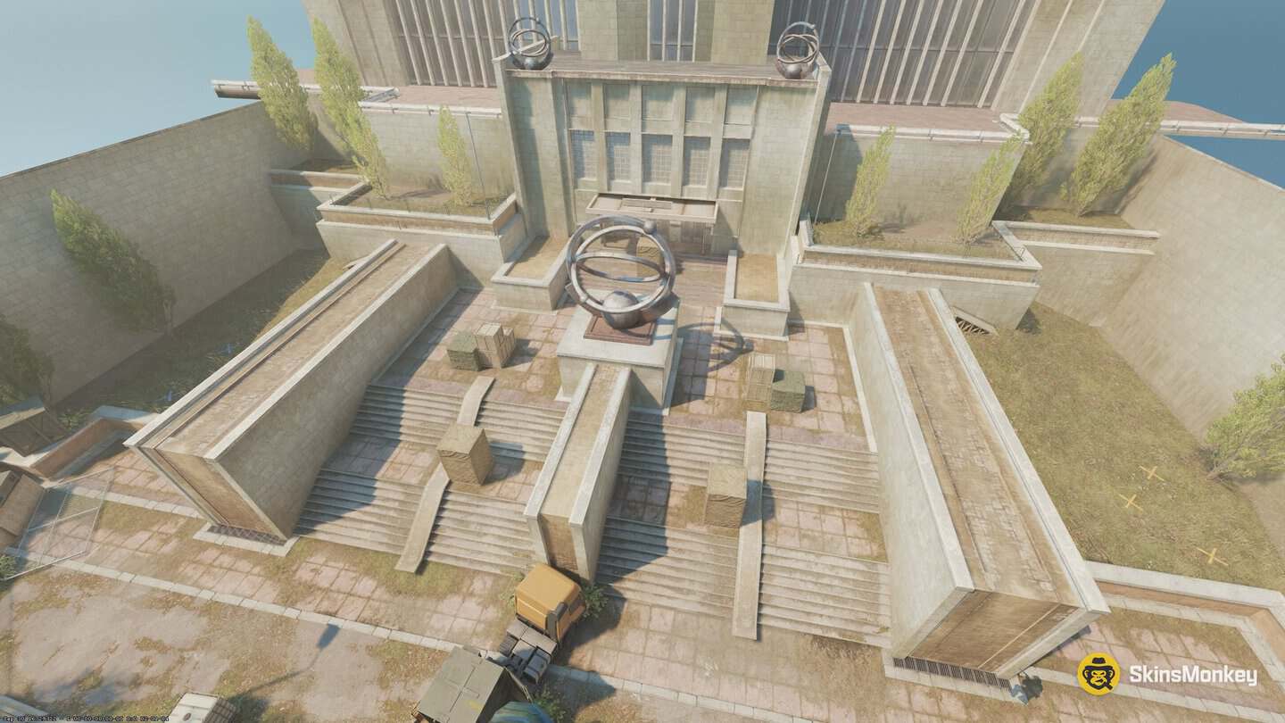 CS2 Rush Atomic arena, a plaza with a large atom sculpture in front of a government building