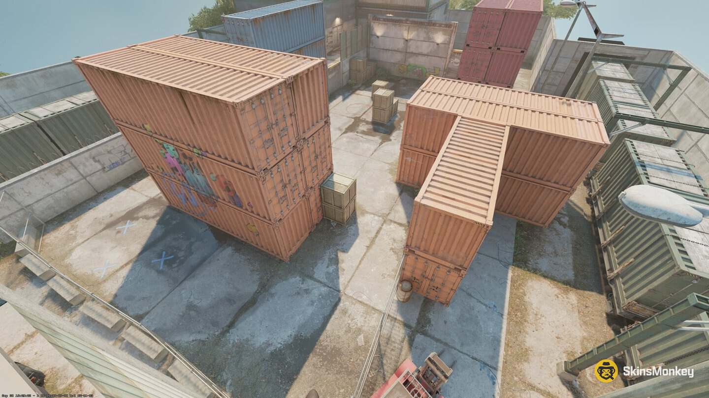 CS2 Rush Container arena, a yard of stacked shipping containers with the tower in the open middle