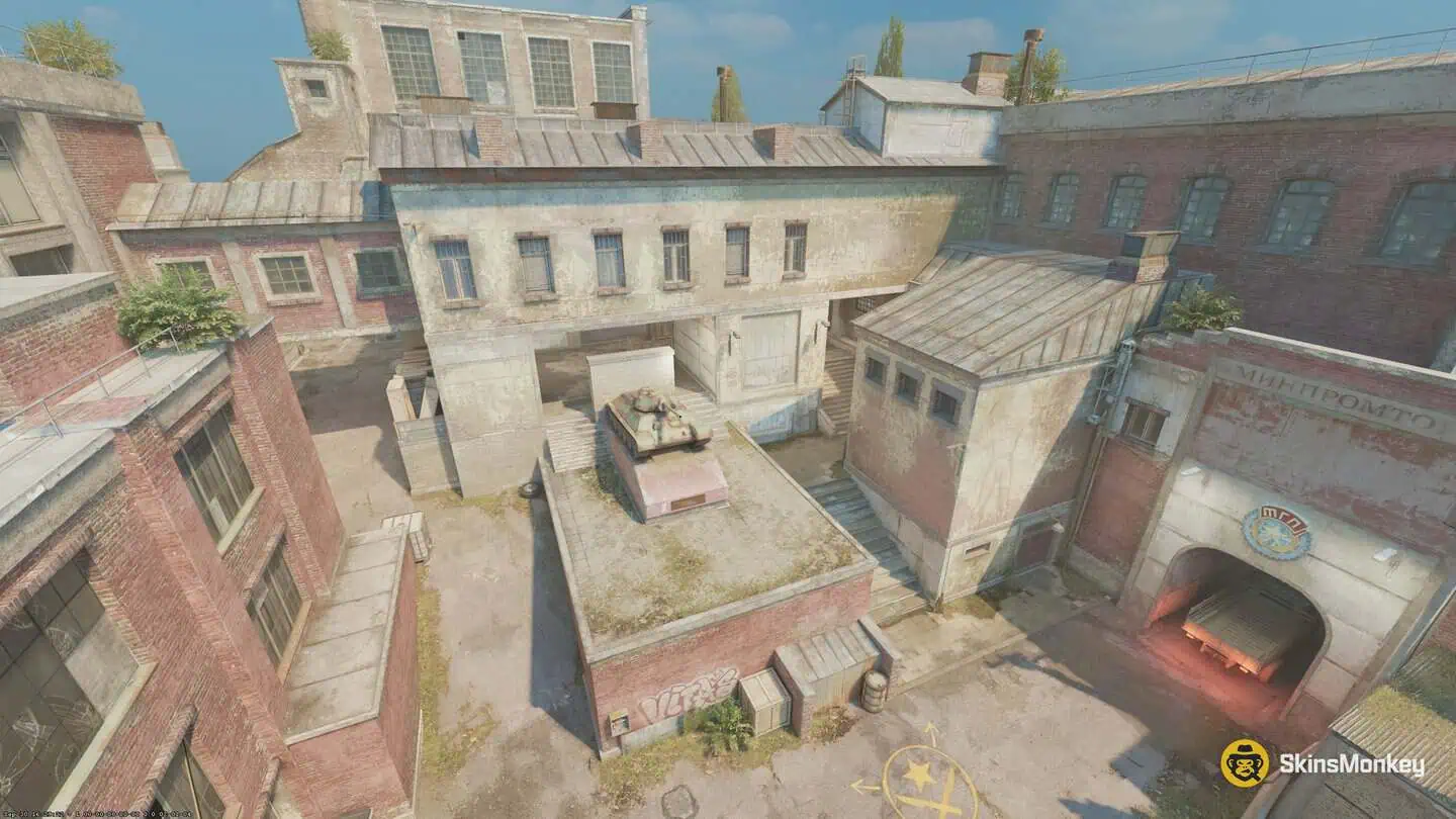 CS2 Rush CT Castle with brick buildings around a tank monument