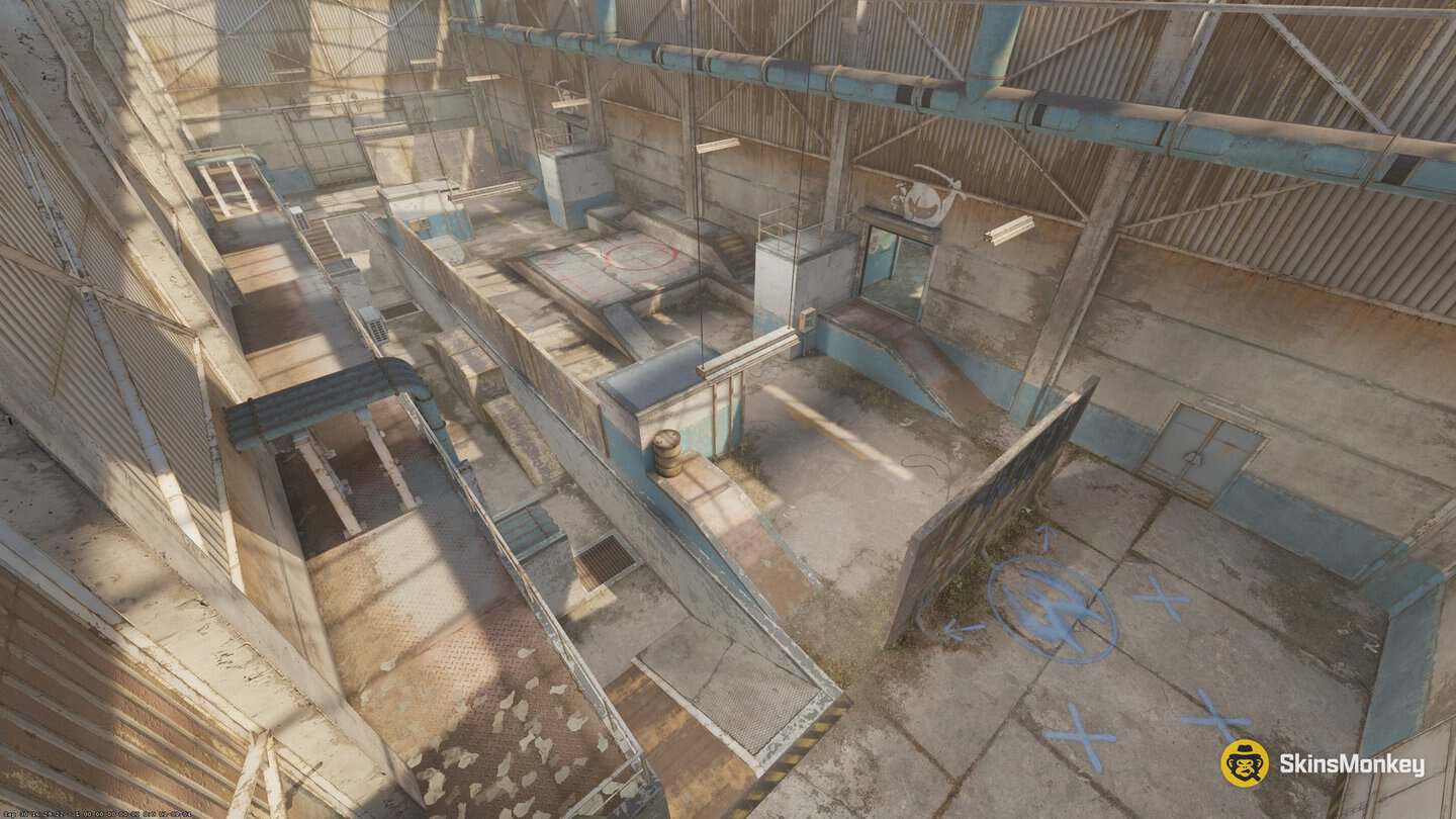 CS2 Rush Medusa arena, a factory hall with the tower on a low concrete platform