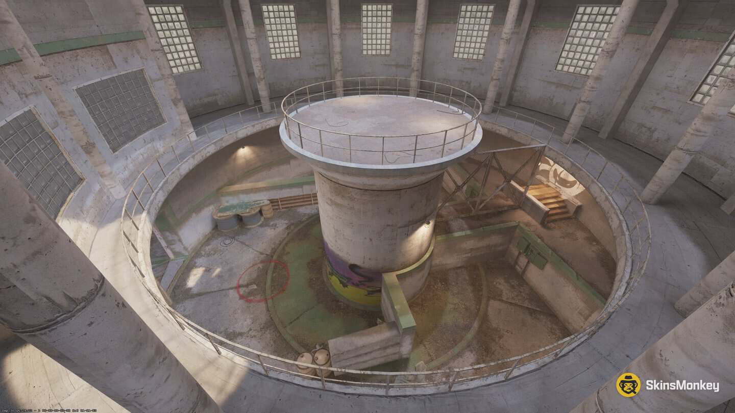 CS2 Rush Sewer arena, a domed hall with a thick pillar and a sunken water channel