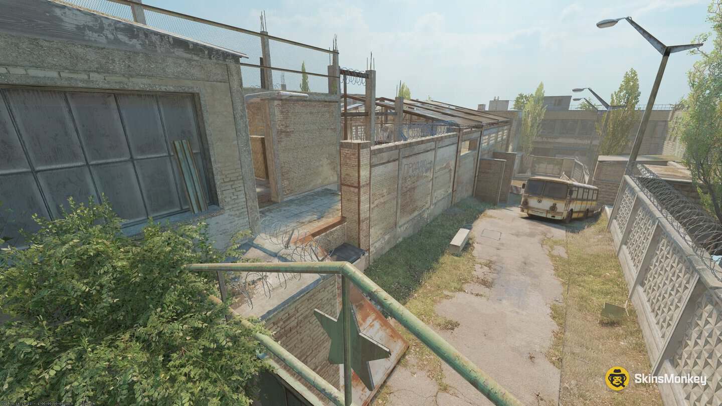 CS2 Rush T Castle, an overgrown compound with an old bus parked inside