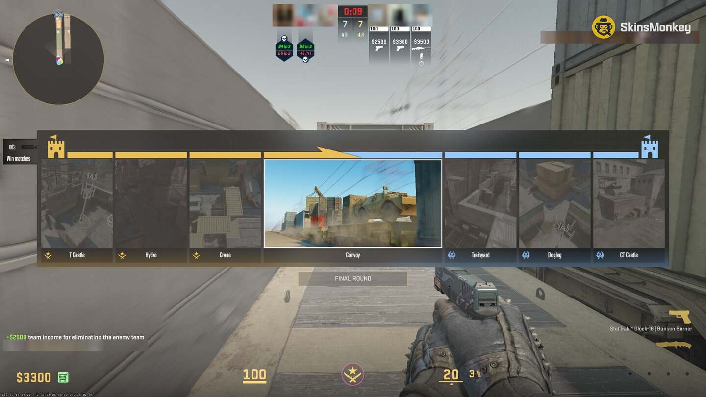 CS2 Rush at 7:7 with Convoy in the center slot of the progress bar and the Final round label