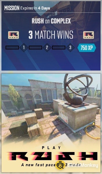 CS2 weekly mission Rush on Complex, 3 match wins for 750 XP, above the Play Rush menu tile with the Atomic sculpture