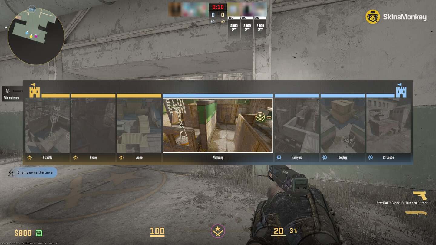 CS2 Rush progress bar in round one with Wallbang in the center between T Castle, Hydro, Crane and Trainyard, Dogleg, CT Castle