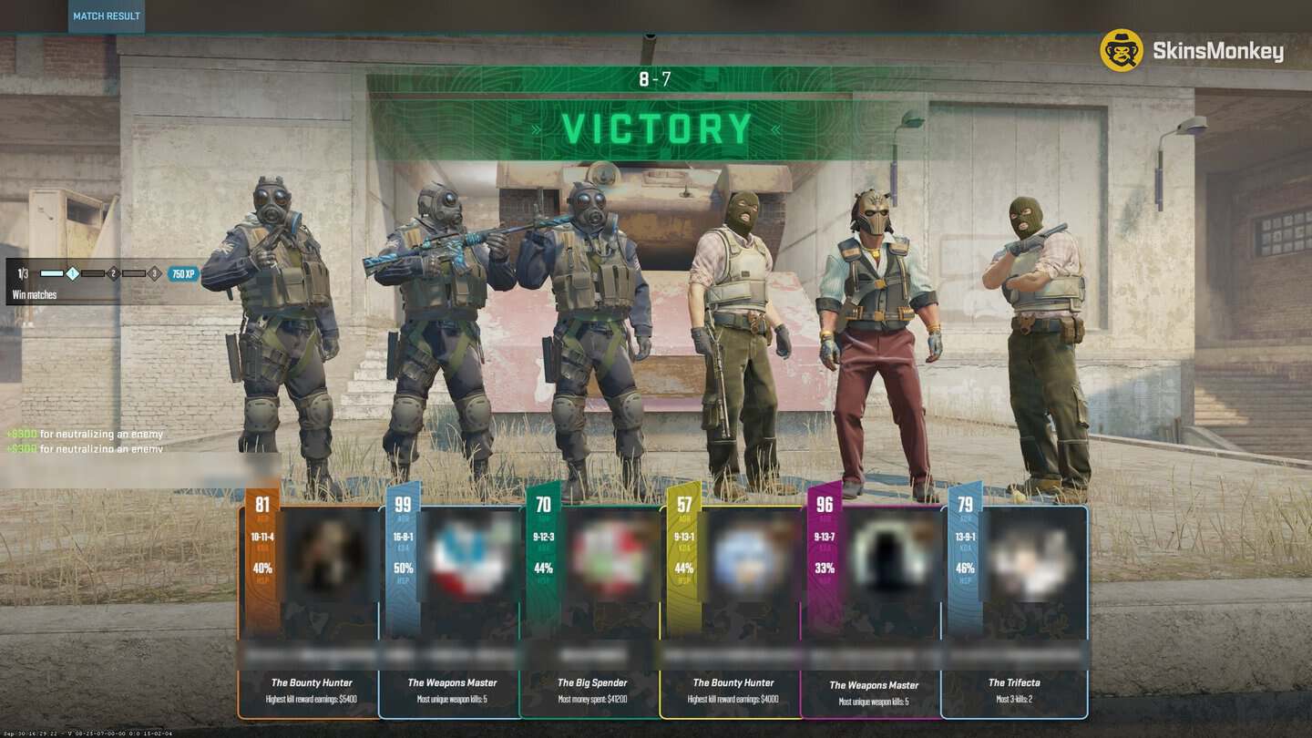 CS2 Rush victory screen with an 8-7 score